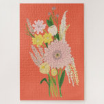 Dahlia Bouquet Puzzle<br><div class="desc">This sweet dahlia bouquet family puzzle feys dahlia,  aster,  and wildflower illustrations on on coral background. Original Bilder von Erika Firm.</div>