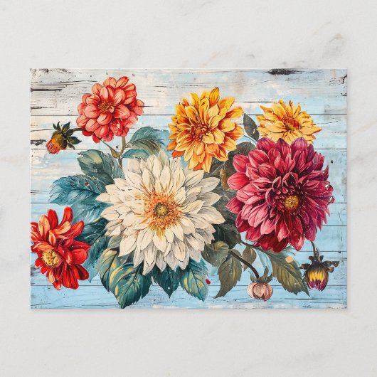 Dahlia Garden Mix on Blue Wood Postkarte (Vorderseite)