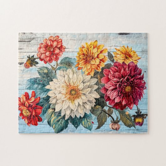 Dahlia Garden Mix on Blue Wood Puzzle (Horizontal)