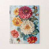 Dahlia Garden Mix on Blue Wood Puzzle (Vertikal)