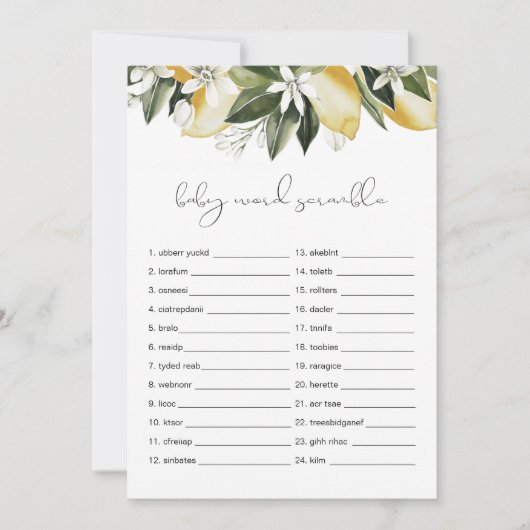 DAHLIA Lemon Baby Word Scramble Baby Showspiel Einladung (Vorderseite)