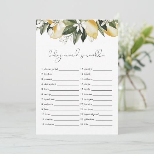 DAHLIA Lemon Baby Word Scramble Baby Showspiel Einladung (Stehend Vorderseite)