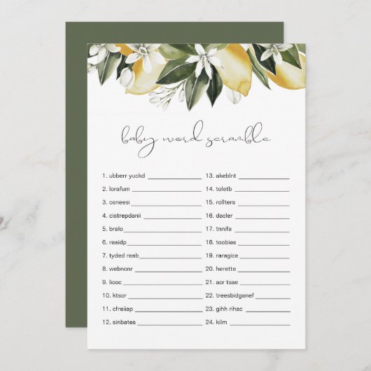 DAHLIA Lemon Baby Word Scramble Baby Showspiel Einladung (Vorne/Hinten)