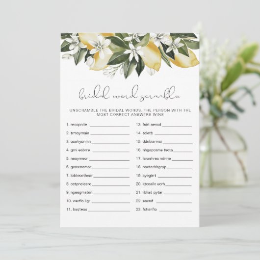 DAHLIA Lemon Brautparty Word Scramble Game Einladung (Stehend Vorderseite)