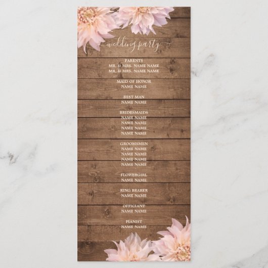 Dahlia Pink Floral Rustic Wood Wedding Programm (Rückseite)