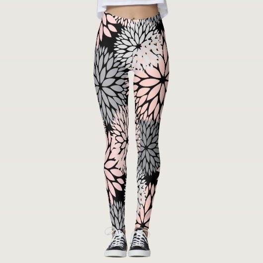 Dahlia Pink Gray Floral Pattern Leggings (Vorderseite)