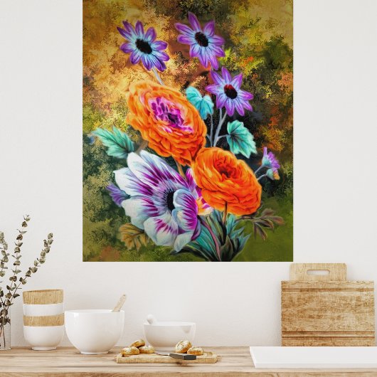 Dahlia und blühender Garten mit Blumen Poster (Küche)