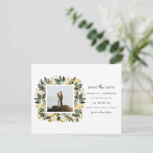 Dahlia - Zitrusfrüchte-Foto-Garten Save the Date Einladung (Stehend Vorderseite)