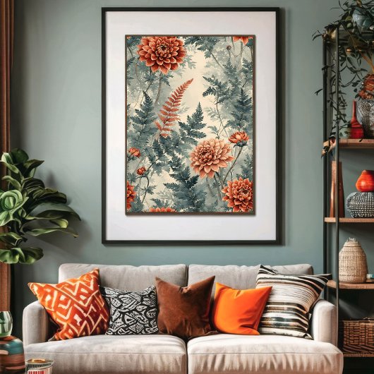 Dahlias and Ferns Poster