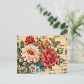 Dahlias and Roses on Cracked Wooden Wall Postkarte (Stehend Vorderseite)