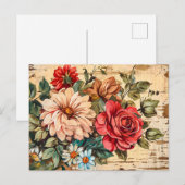 Dahlias and Roses on Cracked Wooden Wall Postkarte (Vorne/Hinten)