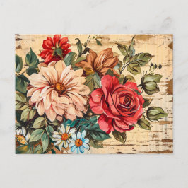 Dahlias and Roses on Cracked Wooden Wall Postkarte