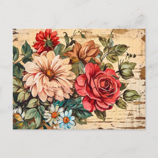 Dahlias and Roses on Cracked Wooden Wall Postkarte (Vorderseite)