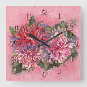 Dahlias Blume rosa Wasserfarbe Quadratische Wanduhr