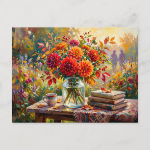 Dahlias Buch Kaffee Garten Postkarte