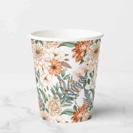 Dahlias daisy Farne Pfirsich Weiß romantisch Pappbecher (Vorderseite)