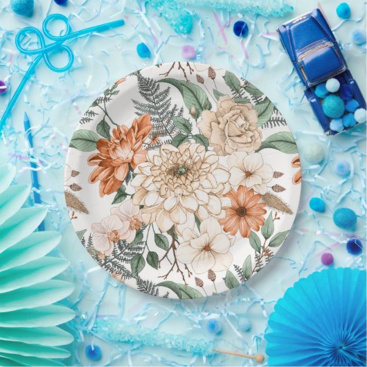 Dahlias daisy Farne Pfirsich Weiß romantisch Pappteller (Party)