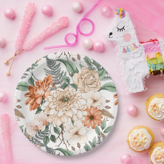 Dahlias daisy Farne Pfirsich Weiß romantisch Pappteller (Party)