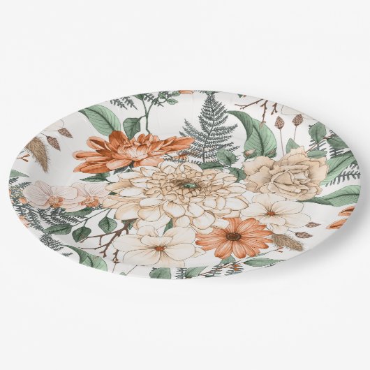 Dahlias daisy Farne Pfirsich Weiß romantisch Pappteller (Schrägansicht)