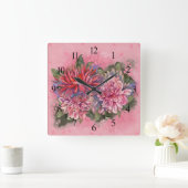 Dahlias flowers pink watercolor pattern quadratische wanduhr (Zuhause)
