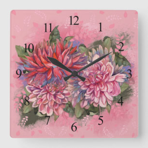 Dahlias flowers pink watercolor pattern quadratische wanduhr