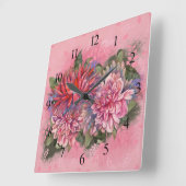 Dahlias flowers pink watercolor pattern quadratische wanduhr (Winkel)