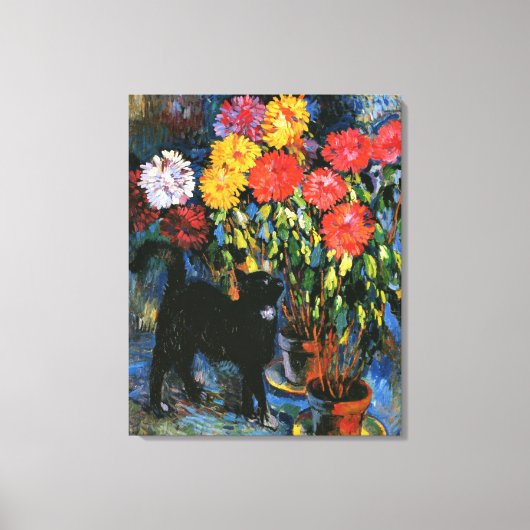Dahlias und Black Cat, Kunstmalerei, Leinwanddruck (Vorderseite)