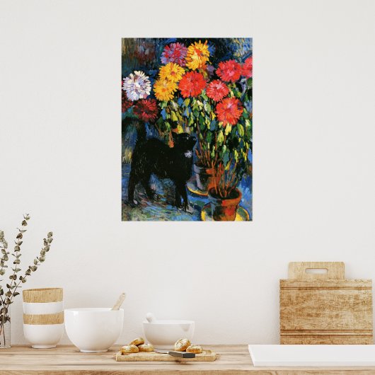 Dahlias und Black Cat, Kunstmalerei Poster (Küche)