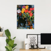 Dahlias und Black Cat, Kunstmalerei Poster (Heimbüro)
