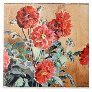 Dahlien, Aquarell von Hannah Overbeck, Fliese