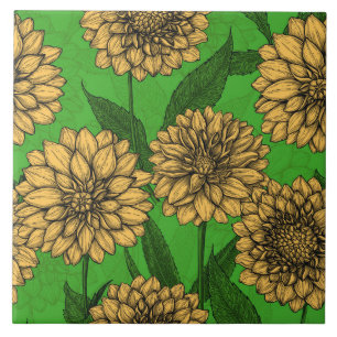 Dahlien in Gelb und Grün Fliese