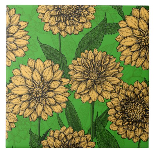 Dahlien in Gelb und Grün Fliese (Vorderseite)