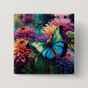 Dahlien und irrisierende blaugrüne Schmetterlinge Button