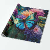 Dahlien und irrisierende blaugrüne Schmetterlinge Geschenkpapier (Ungerollt)