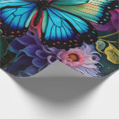 Dahlien und irrisierende blaugrüne Schmetterlinge Geschenkpapier (Ecke)