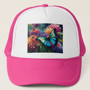 Dahlien und irrisierende blaugrüne Schmetterlinge Truckerkappe