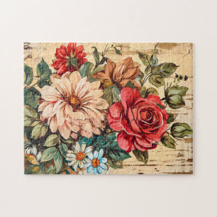Dahlien und Rosen auf einer rissigen Holzwand Puzzle