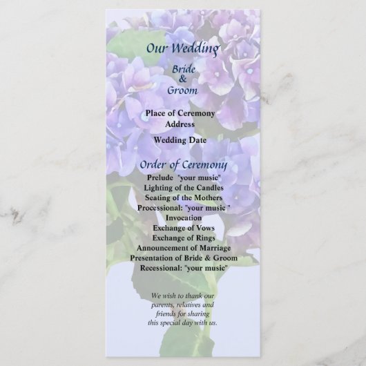Dainty Blue Hydrangea Wedding Program Programm (Vorderseite)