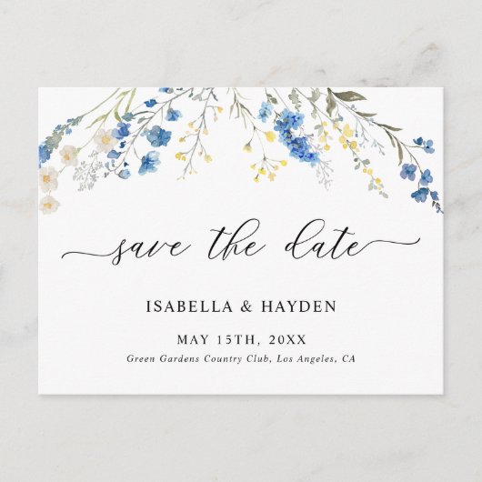 Dainty Blue Wild Blume Navy Floral Save the Date Ankündigungspostkarte (Vorderseite)