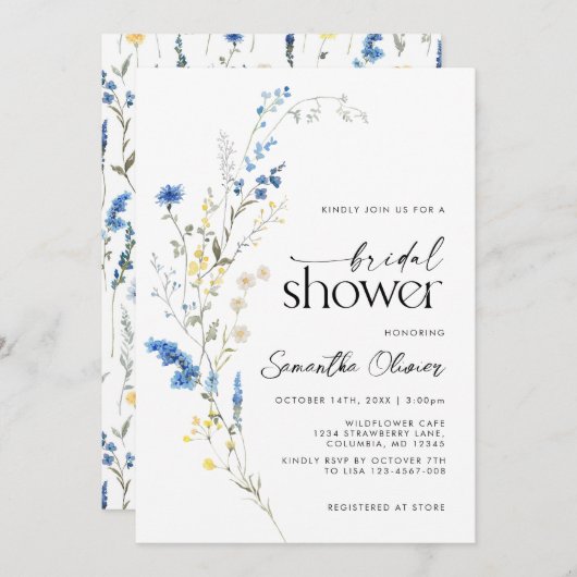 Dainty Blue Wild Blume Simple Navy Brautparty Einladung (Vorne/Hinten)