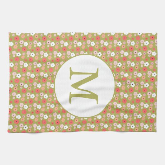 Dainty Boho Woodland Floral Pattern Green Monogram Geschirrtuch (Horizontal)