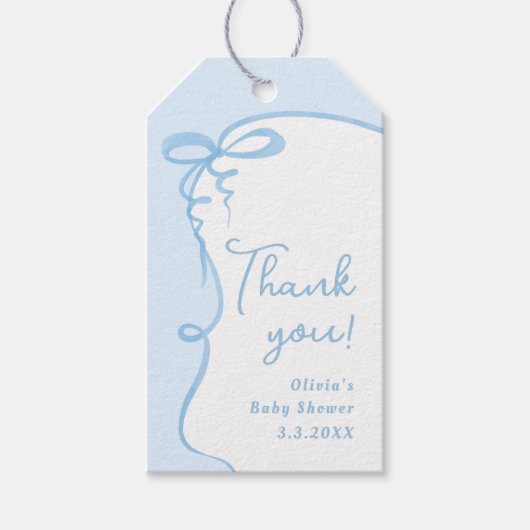Dainty Bow wavy Blue Boy Baby Dusche Danke Geschenkanhänger (Vorderseite)