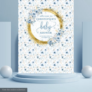 Dainty dusty Blue Blumen Gold Baby Dusche Banner Wandteppich