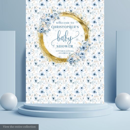Dainty dusty Blue Blumen Gold Baby Dusche Banner Wandteppich