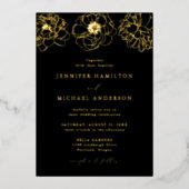 Dainty Floral Black and Gold Wedding Folieneinladung (Vorderseite)