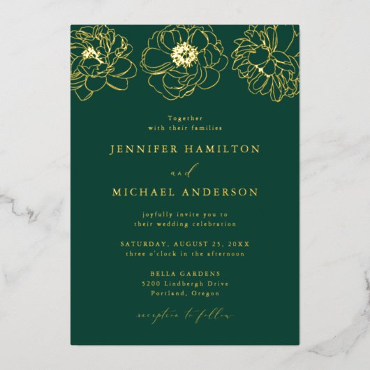 Dainty Floral Green Wedding Folieneinladung (Vorderseite)