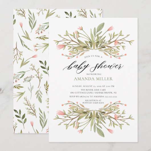 Dainty Girls Pink Floral & Greenery Kinderdusche Einladung (Vorne/Hinten)