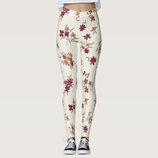 Dainty Gold Maroon Floral Pattern Leggings (Vorderseite)