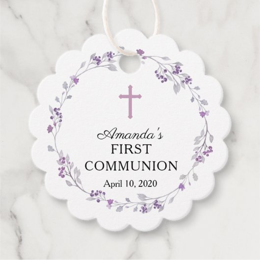 Dainty Lila Floral First Heilige Kommune Geschenkanhänger (Vorderseite)