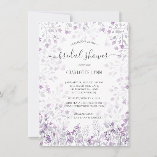 Dainty Lila Watercolor Blume Brautparty Einladung (Vorderseite)